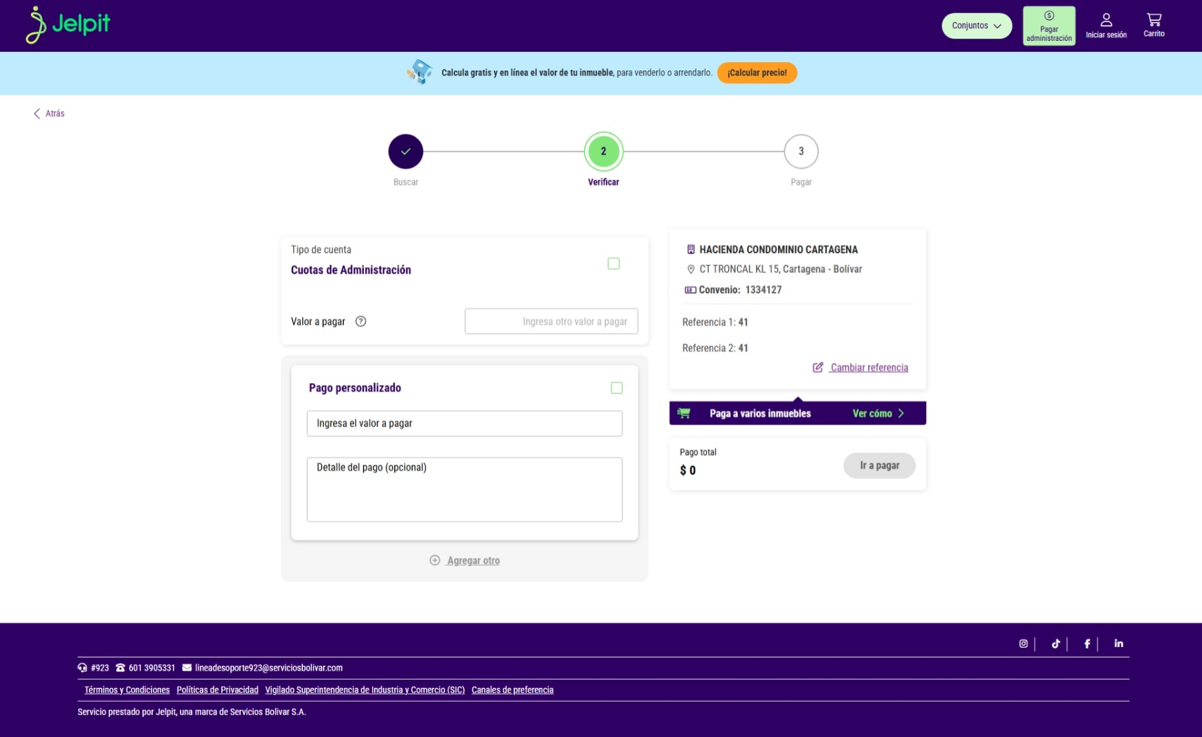Imagen 3 de pago de administracion hacienda mediante la plataforma jelpit. Ingresando el valor a pagar